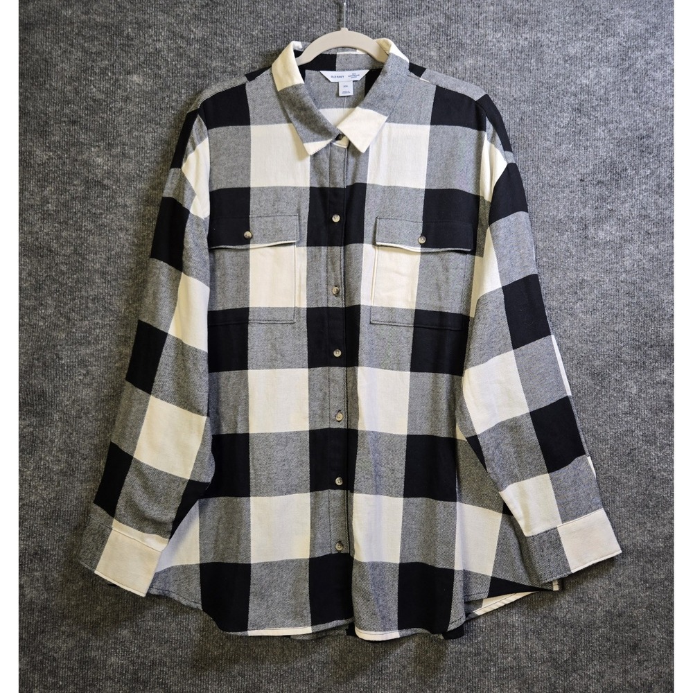 Old Navy Top Womens XXL Black White Plaid Flannel Button Up Boyfriend Cabin New